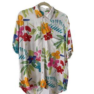 Vintage 80s Floral Button Up Shirt Mens Large Short Sleeve Tropical Print Bright